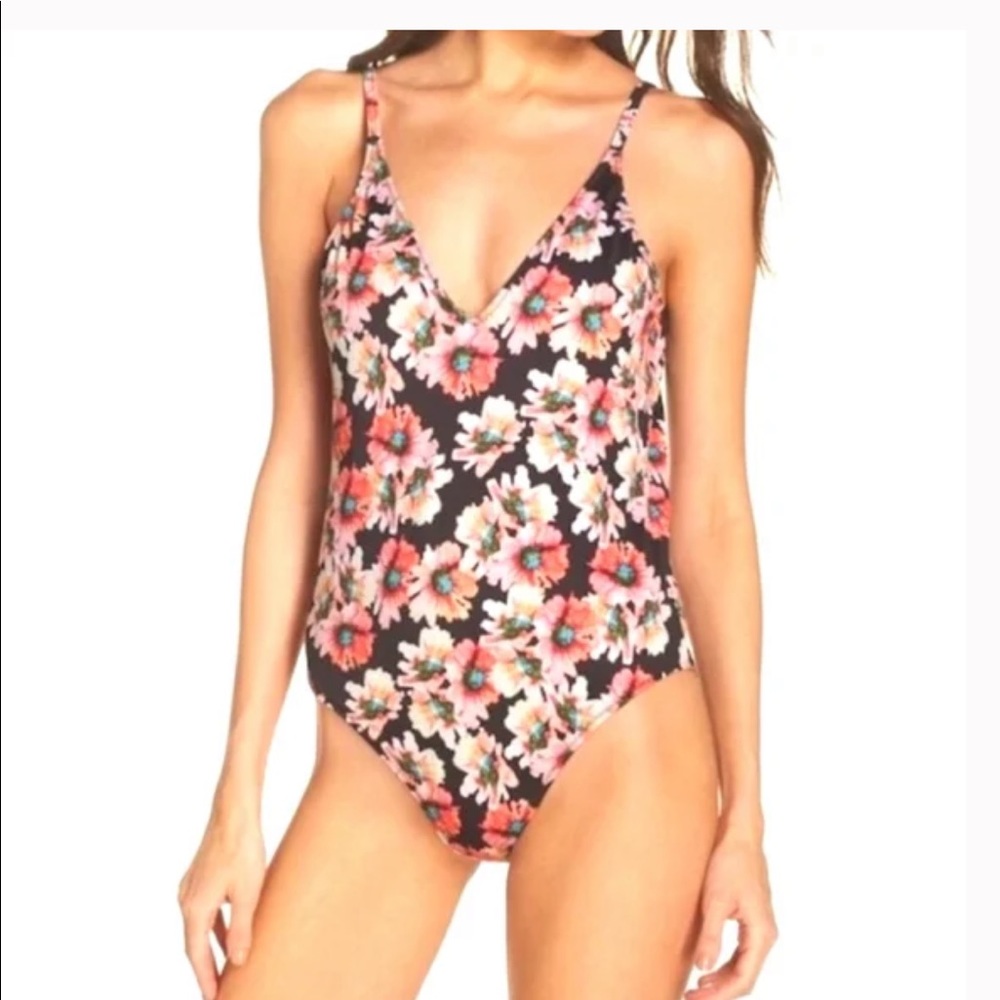 Leith One-Piece Plunge Neck Low Cut Scoop Back Swimsuit Floral Print XS